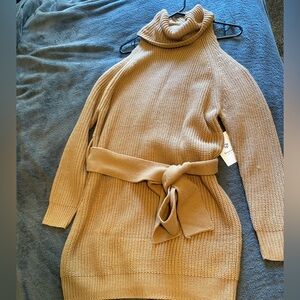 Cozy Tan Turtleneck Sweater Dress